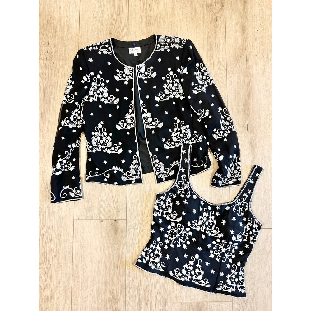 VINTAGE Sean Collection Women Black Silk Beaded Floral Jacket Tank Top Set XS